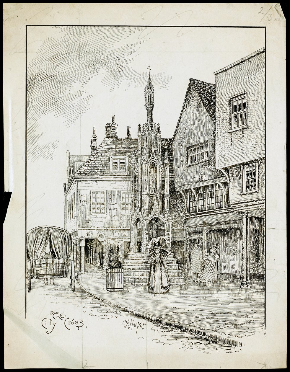 En udsigt fra den nordvestlige del af Butter Cross, High Street, Winchester, Hampshire (pen og blæk på papir) af Charles George Harper