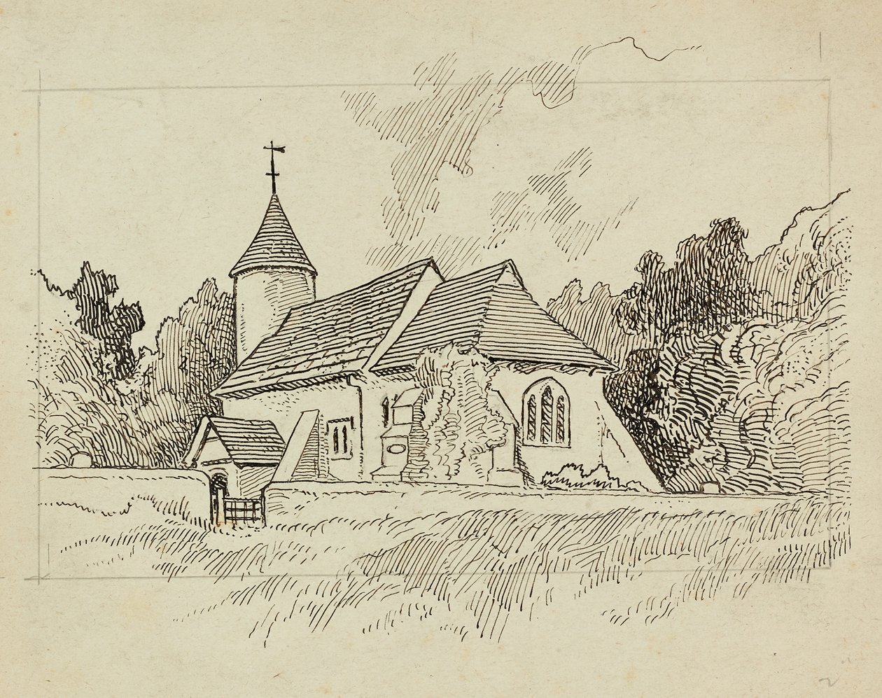 Udvendigt billede af en uidentificeret kirke (pen og blæk på papir) af Charles George Harper