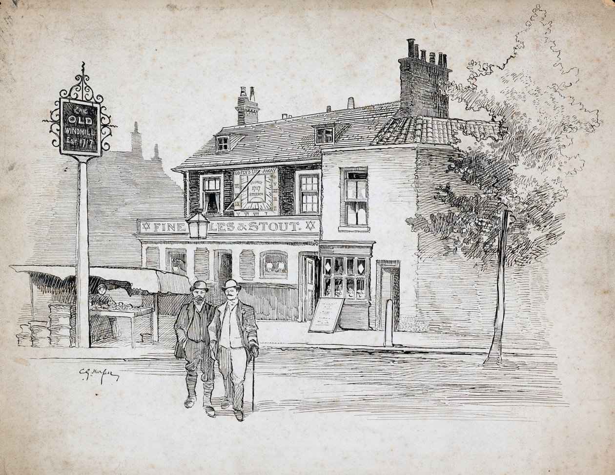 Old Windmill Public House, 214-214 Chiswick High Road, Turnham Green (pen og blæk på papir) af Charles George Harper