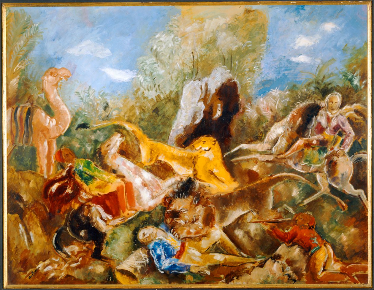 La chasse au lion - Løvejagten ... (olie på papir) af Charles Georges Dufresne