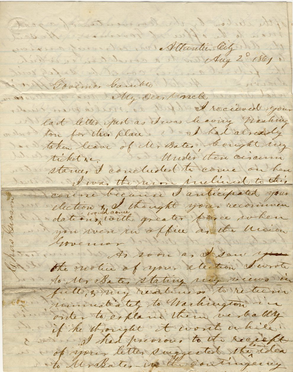 Brev underskrevet C. Gibson [Charles Gibson], Atlantic City, til guvernør Gamble [Hamilton R. Gamble], 2. august 1861 af Charles Gibson