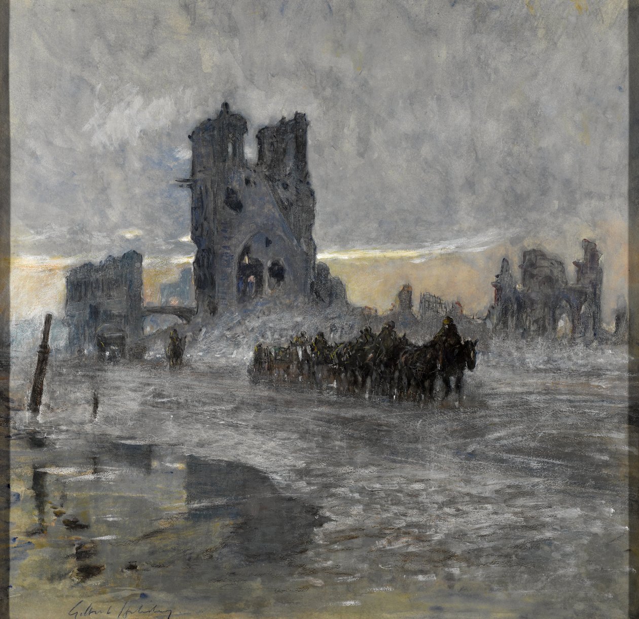 Hestetrukne transporter, muligvis et artilleritog, der passerer den ødelagte stofhal, Ypres af Charles Gilbert Holiday