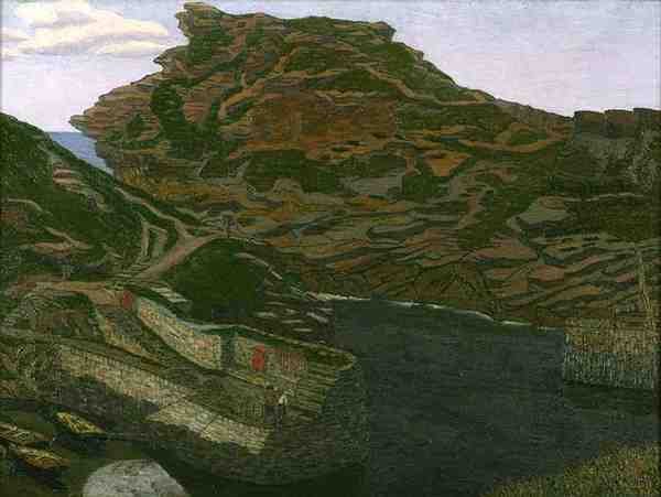 Boscastle Harbour, Cornwall (olie på lærred) af Charles Ginner