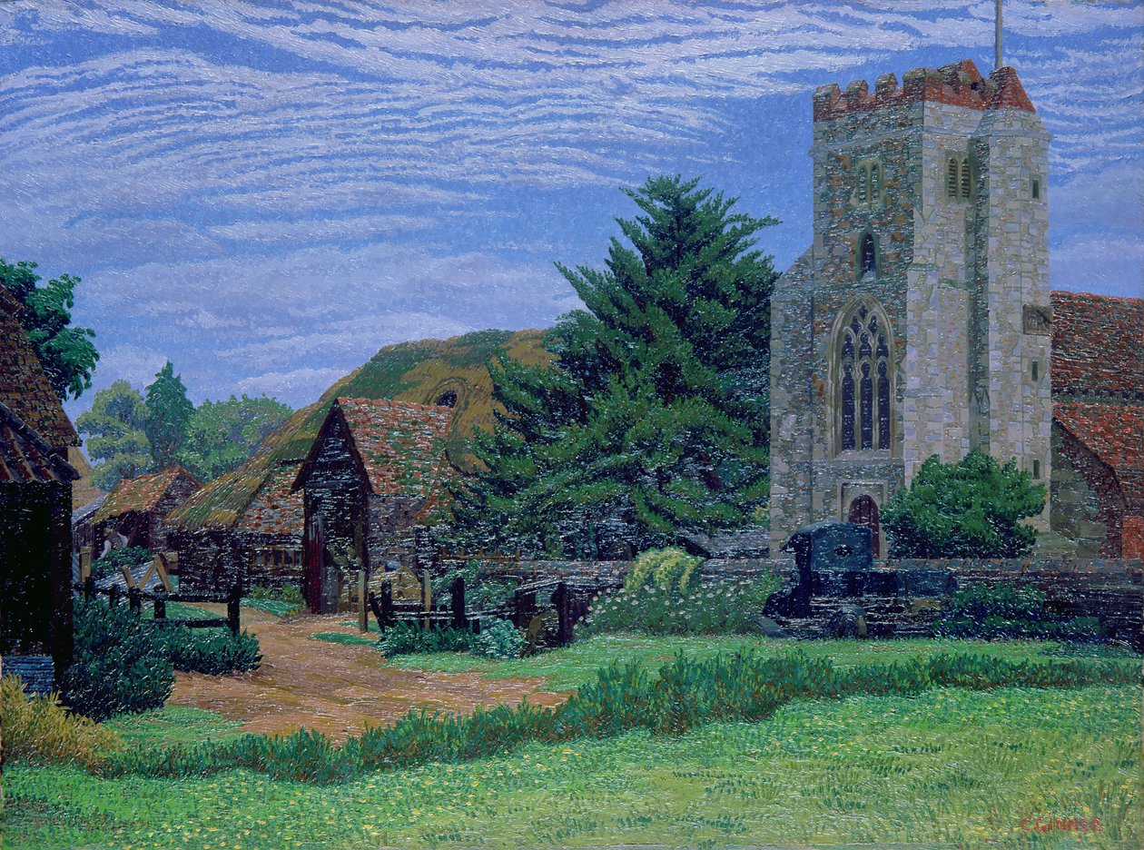 Church and Barn, Waltham St. Lawrence af Charles Ginner