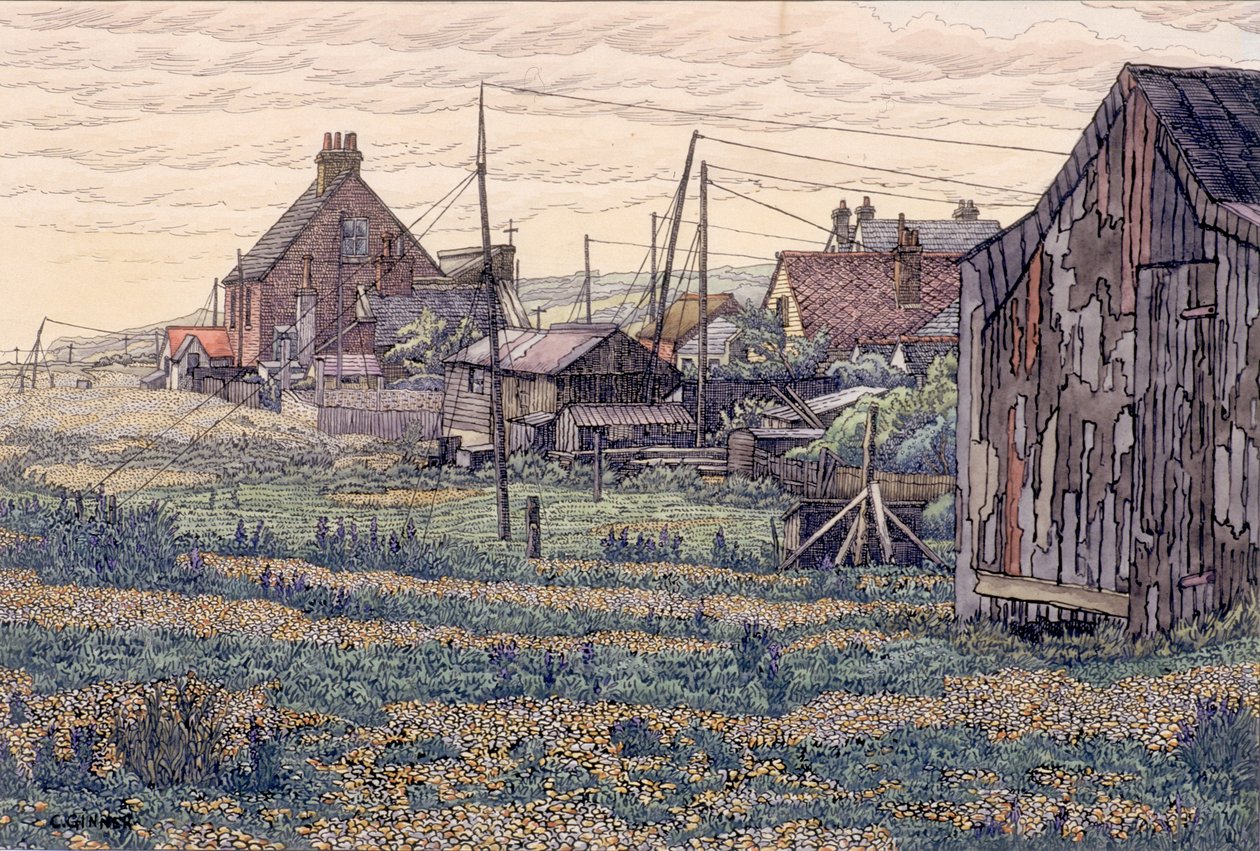 Pebbles - Rye Harbor (blæk og akvarel på vævet papir) af Charles Ginner