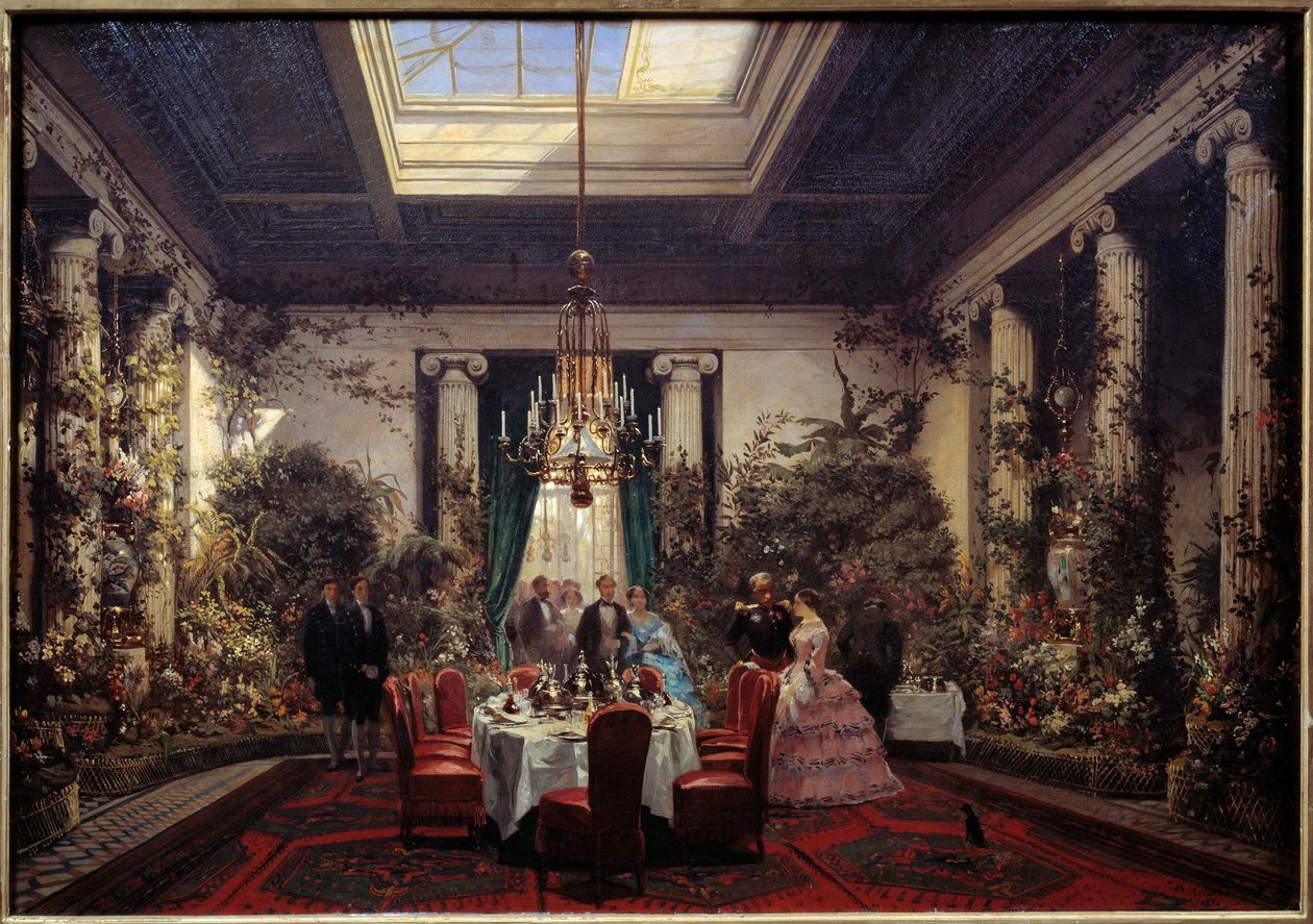 Morgenmad hos prinsesse Mathilde Letizia Bonaparte (1820-1904), rue de Courcelles i Paris Maleri af Sebastien Charles Giraud (1819-1892) 1854 Søn. 0,56x61 m. Compiegne, slotsmuseum af Charles Giraud
