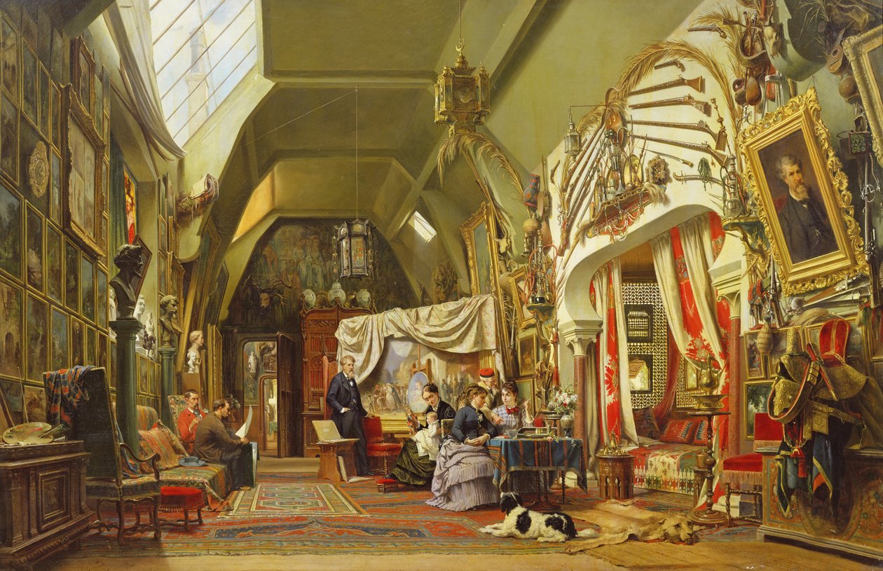 Eugene Giraud (1806-81) i sit atelier med sin bror, Charles og hans søn, Victor af Charles Giraud