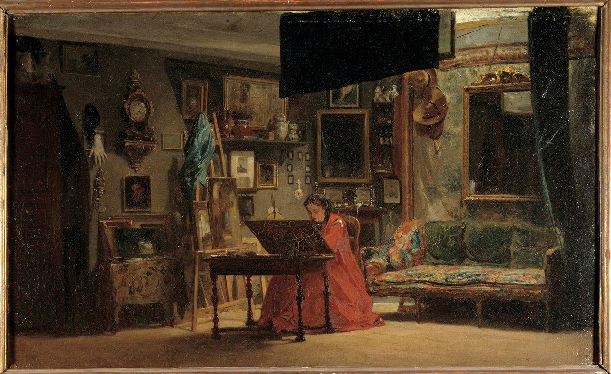 Prinsesse Mathilde (1820-1904) i sit atelier, rue de Courcelles Prinsesse Mathilde-Letizia Bonaparte foran sit kontor. Maleri af Sebastien Charles Giraud (1819-1892). 19. århundrede. Dim 0,32 x 0,52 m Paris, Musee Carnavalet af Charles Giraud