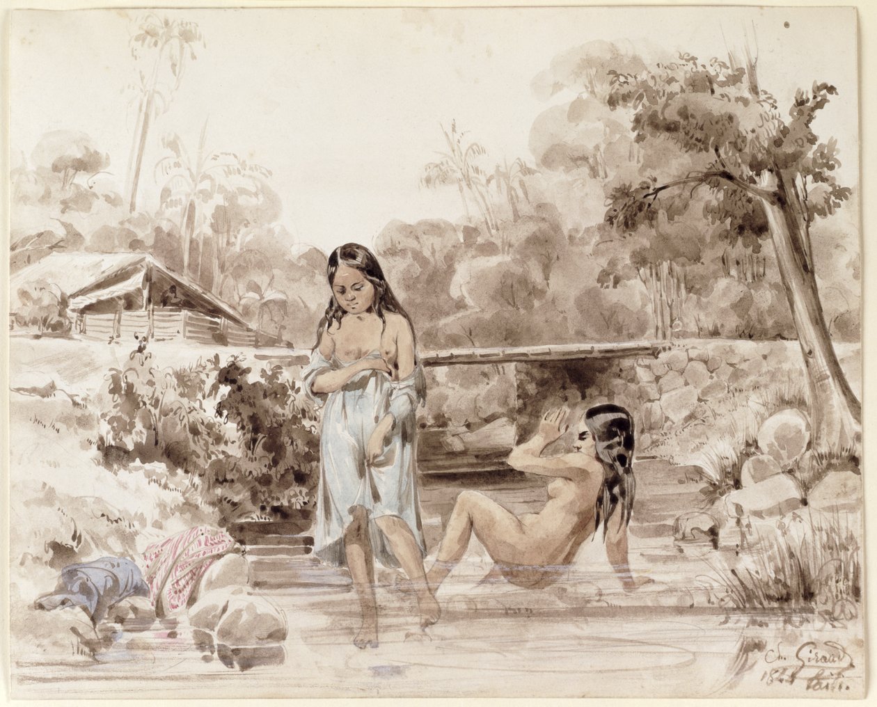 Tahitians Bathing, 1844 (pen og vask på papir) af Charles Giraud