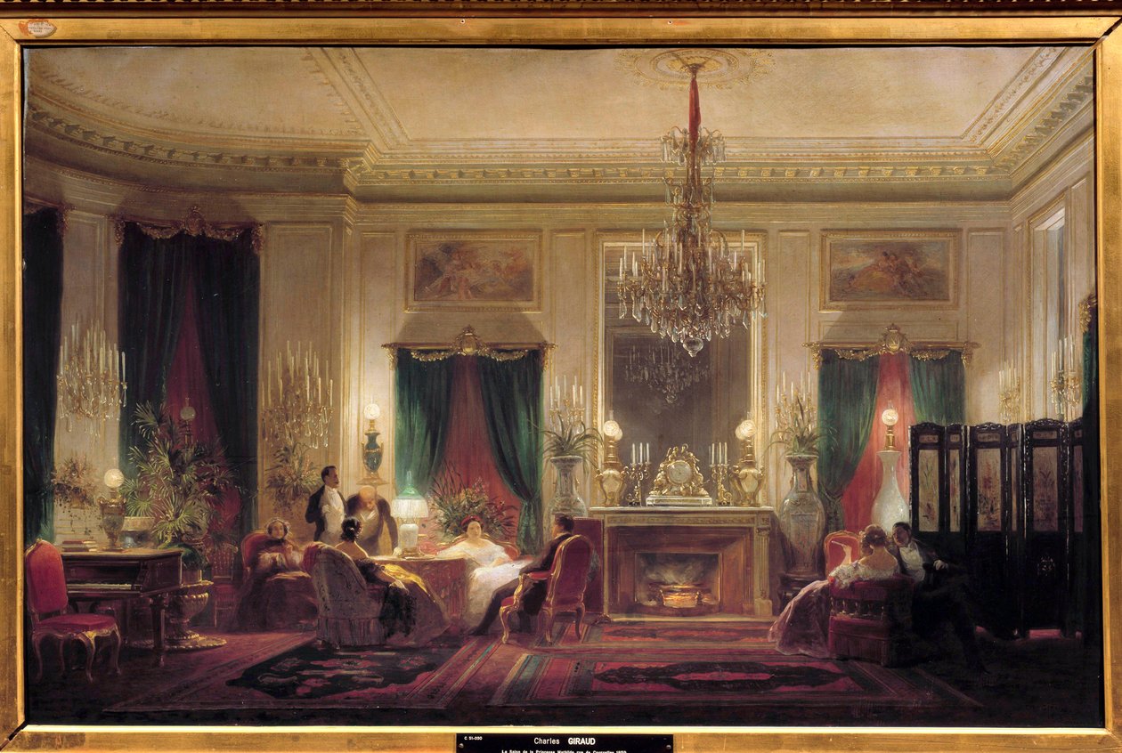 Prinsesse Mathilde Letizia Bonapartes salon (1820-1904), rue de Courcelles Maleri af Sebastien Charles Giraud (1819-1892) 1859 Søn. 0,63x1 m. Compiegne, musee du chateau - Inde i palæet til prinsesse Mathilde Letizia Bonaparte (1820-1904), Rue af Charles Giraud
