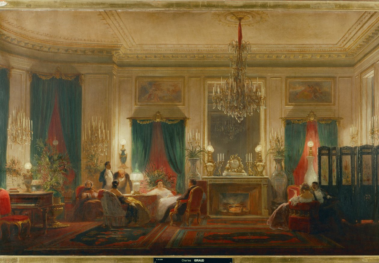 Prinsesse Mathildes salon, datter af kong Jerome og dronning Catherine af Württemberg, i rue de Courcelle i Paris ... (olie på lærred) af Charles Giraud
