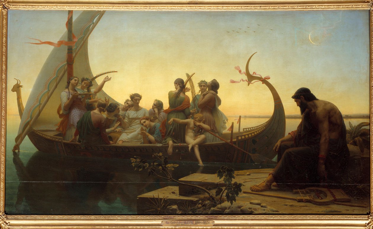 Fortabte illusioner eller aften En allegorisk scene, der skildrer karakterer på en afgående drakkar, en mand bliver ved kajen med en lyre. Maleri af Charles Gleyre (1806-1874) 1800-tallet søn. 1,56x2,38 m af Charles Gleyre