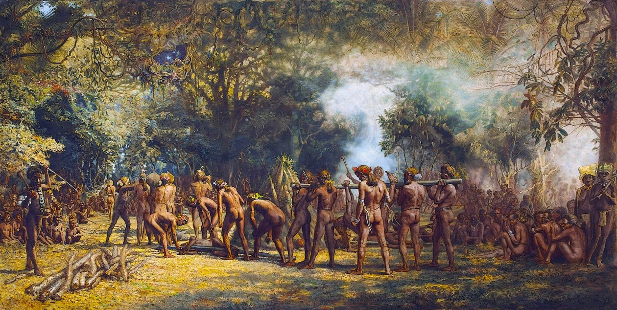 Kannibalfest på øen Tanna, Vanuatu ca. 1887 (olie på lærred) af Charles Gordon Frazer