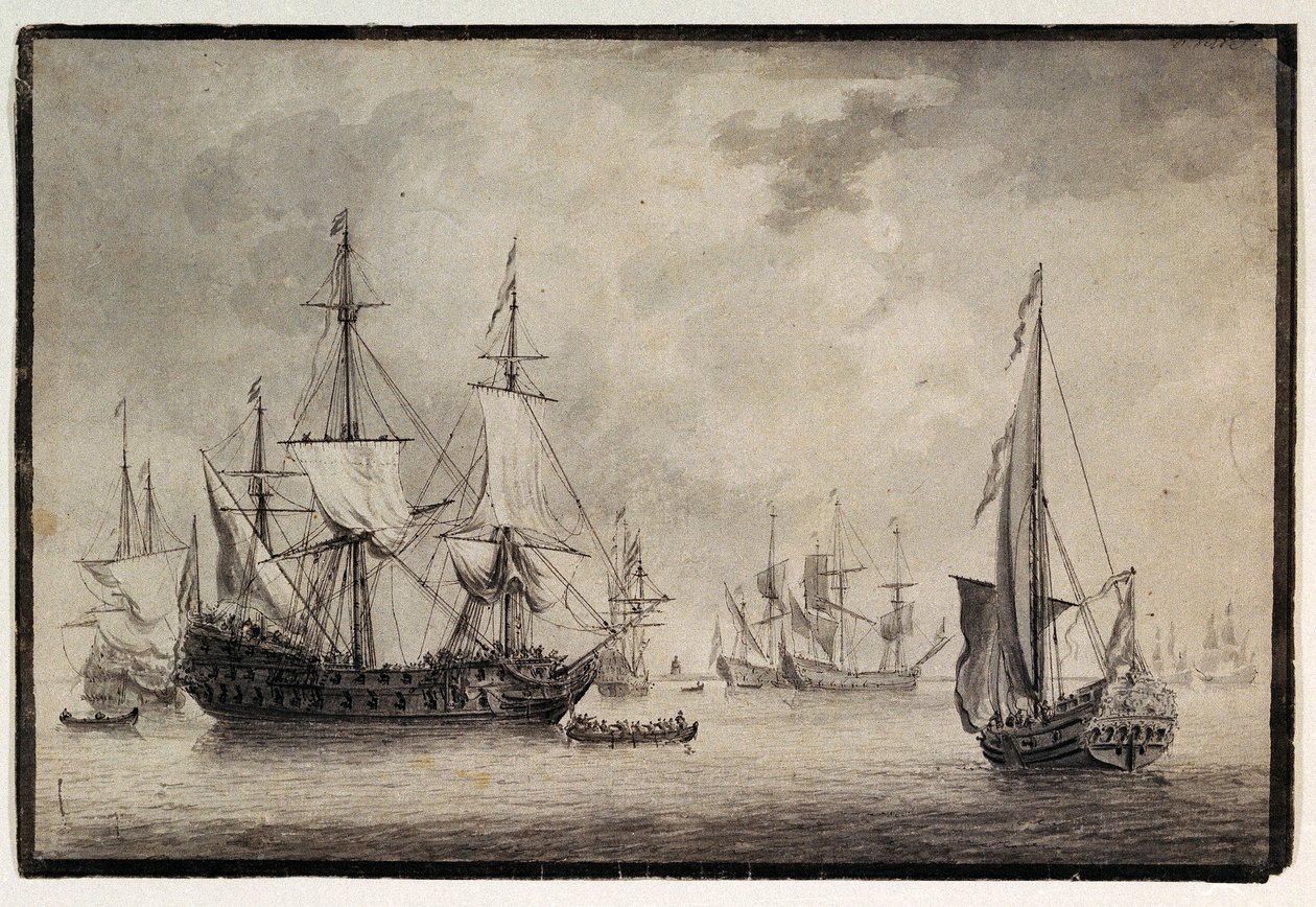 Hollandsk krigsskib, statsyacht og fjerntliggende skibe i en havn, slutningen af det 18. århundrede (pen, blæk) af Charles Gore