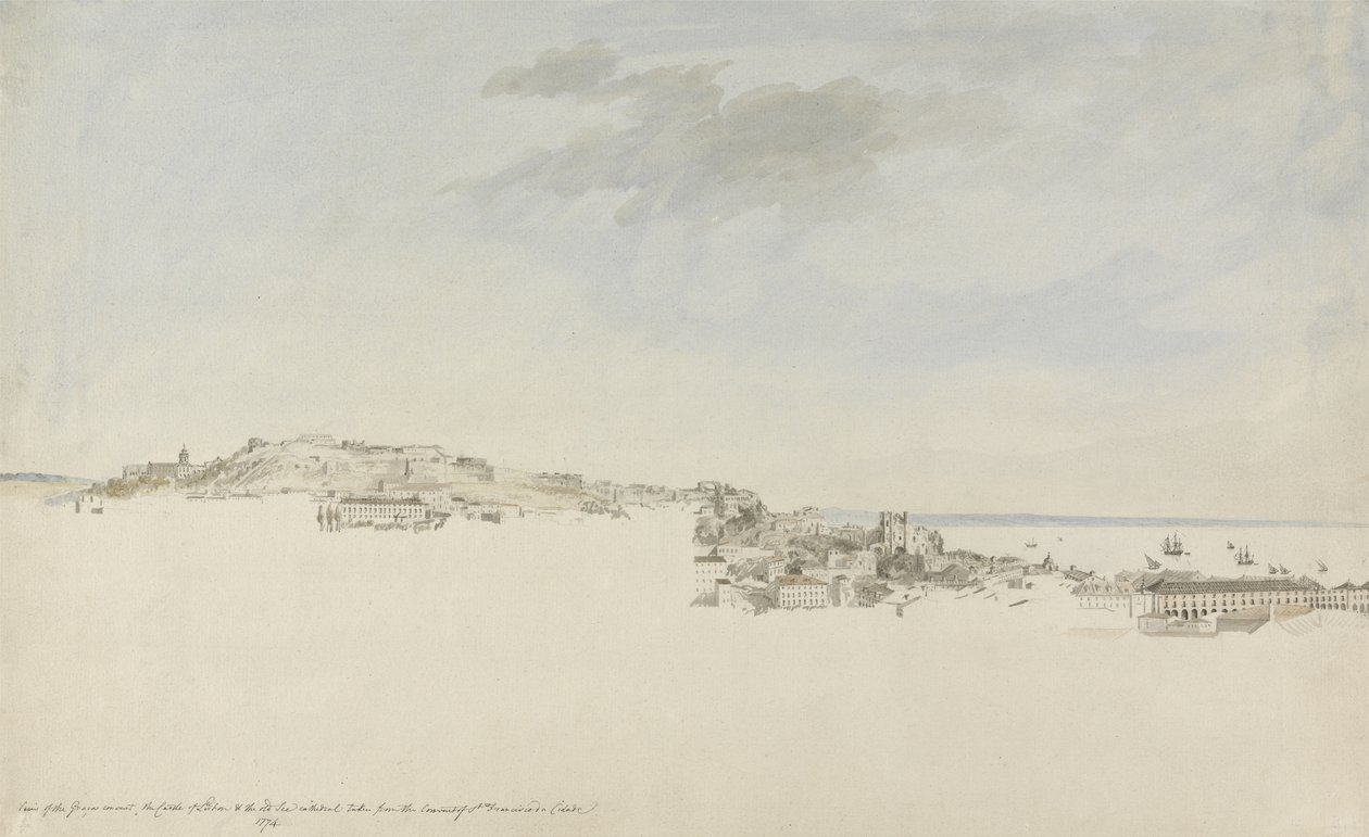 Lissabon, fra klosteret St. Francis da Citadel, 1774 (wc med pen og blæk over grafit på papir) af Charles Gore