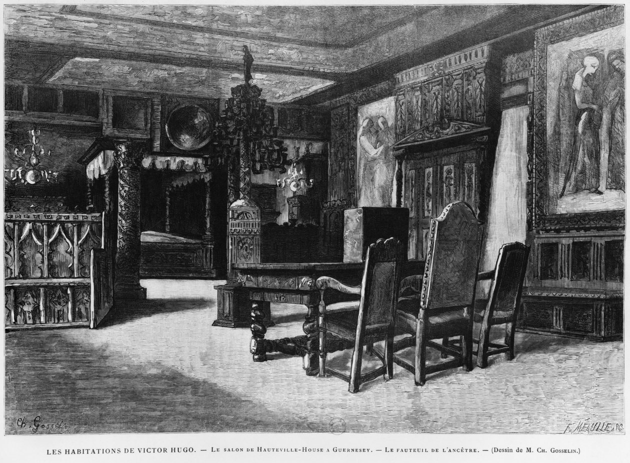 Victor Hugos hjem, loungen i Hauteville-huset i Guernsey, forfaderens lænestol, indgraveret af Fortune Louis Meaulle (1844-1901) af Charles Gosselin