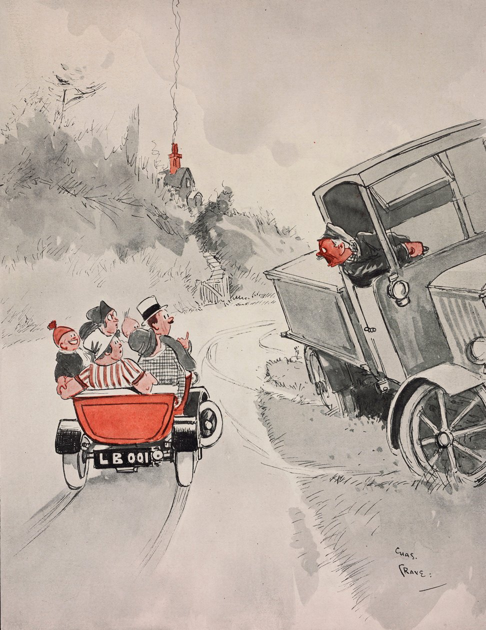 Dåse sardiner og den sarkastiske lastbilchauffør, tegneserie af Chas Grave (1886-1944) fra The Tatler, nr. 1406, 6. juni af Charles Grave
