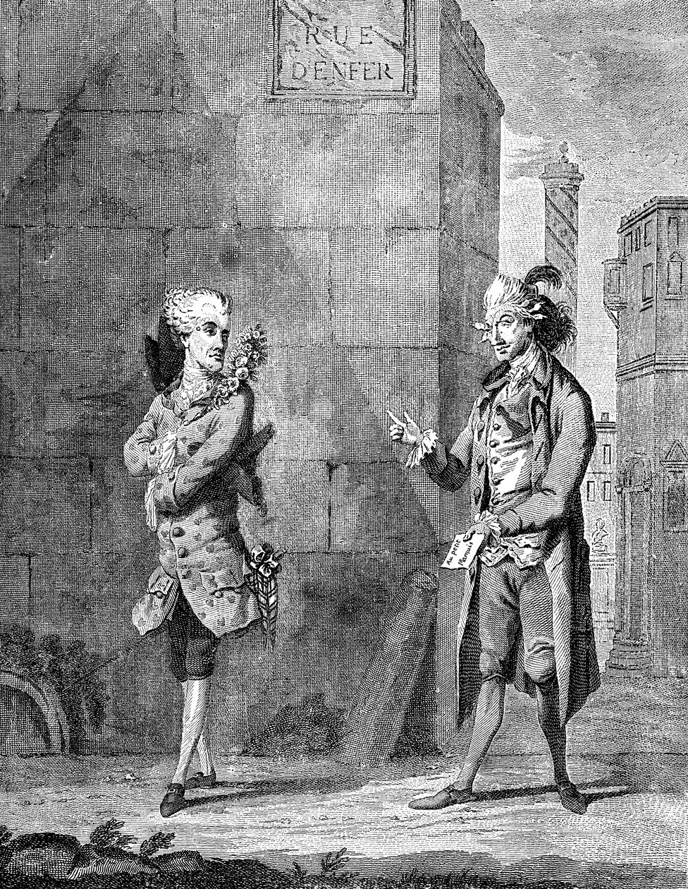 En fransk Petit Maitre og hans kammertjener, slutningen af det 18. århundrede. af Charles Grignion