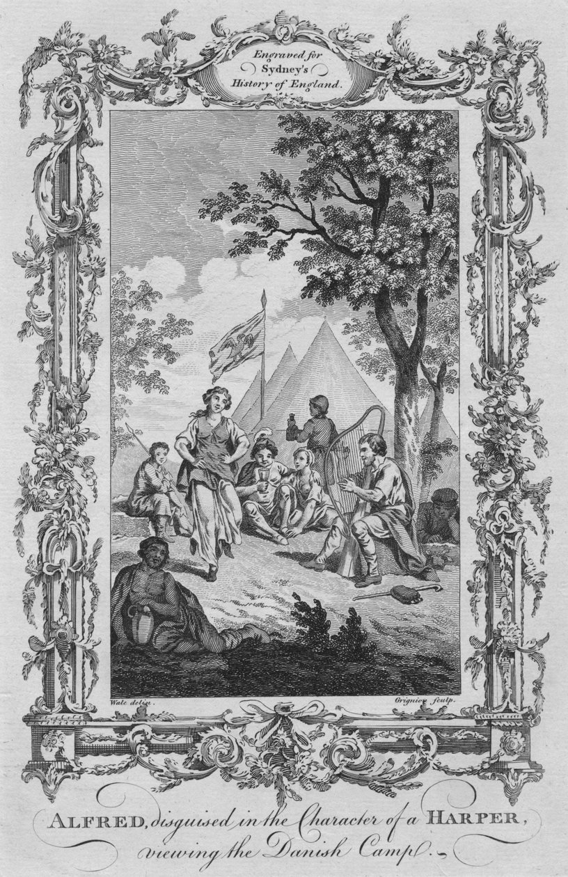 Alfred, forklædt i Karakteren af en Harper, ser den danske Lejr, 1773. af Charles Grignion