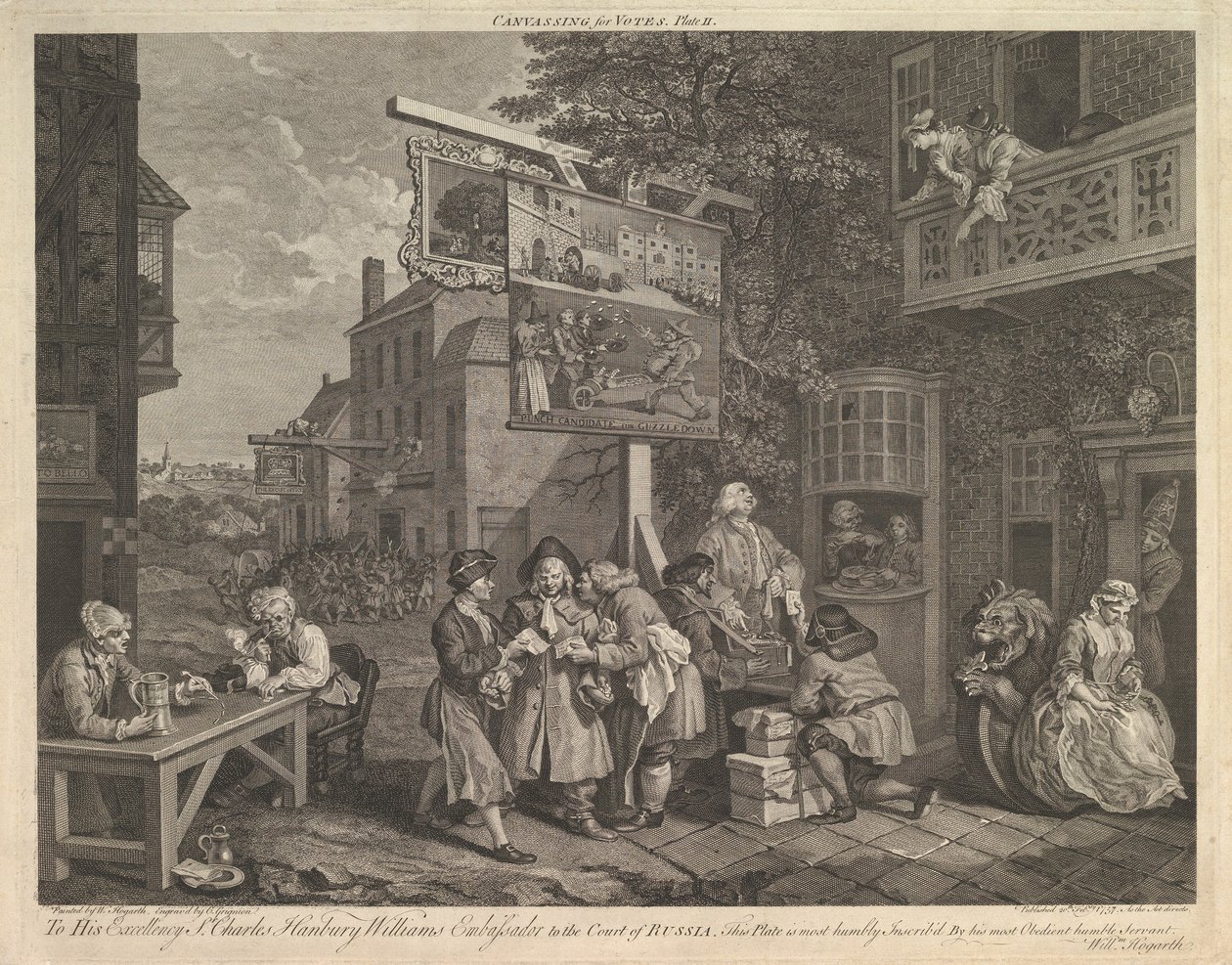 Canvassing for Votes, Plade II: Four Prints of an Election, 20. februar 1757. af Charles Grignion