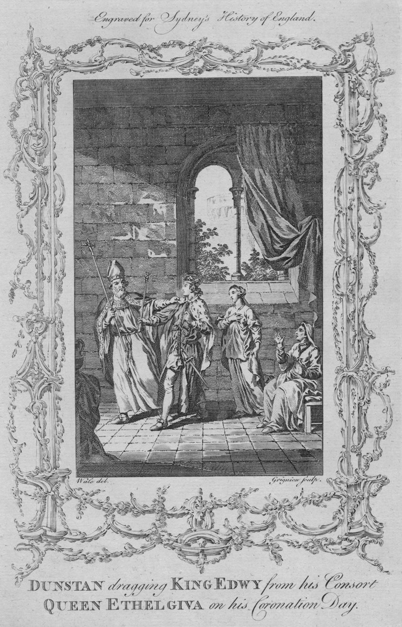 Dunstan trækker kong Edwy fra sin gemalinde dronning Ethelgiva på hans kroningsdag, 1773. af Charles Grignion