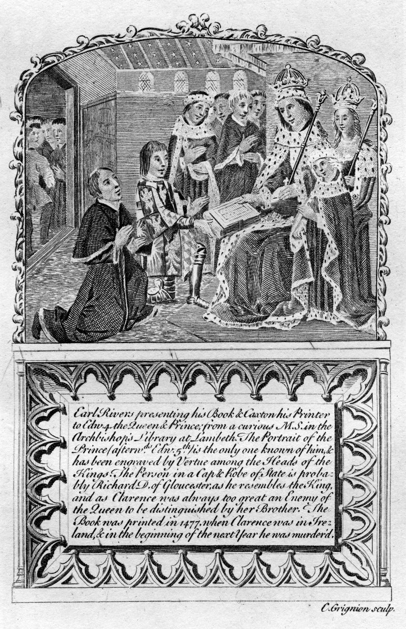 Earl Rivers præsenterer sin bog til kong Edward IV, c1477 i slutningen af det 18. eller det tidlige 19. århundrede af Charles Grignion