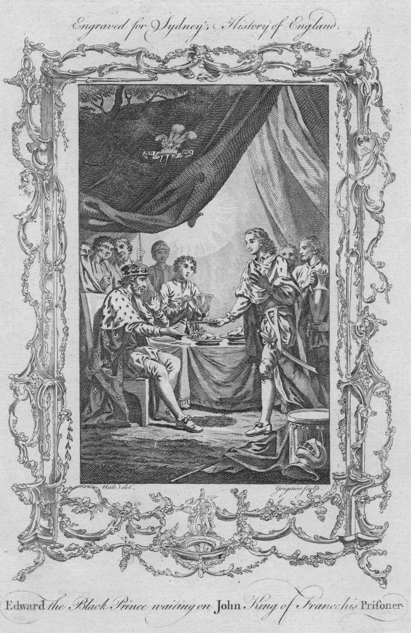 Edward den sorte prins venter på John King of France, hans fange, 1773. af Charles Grignion