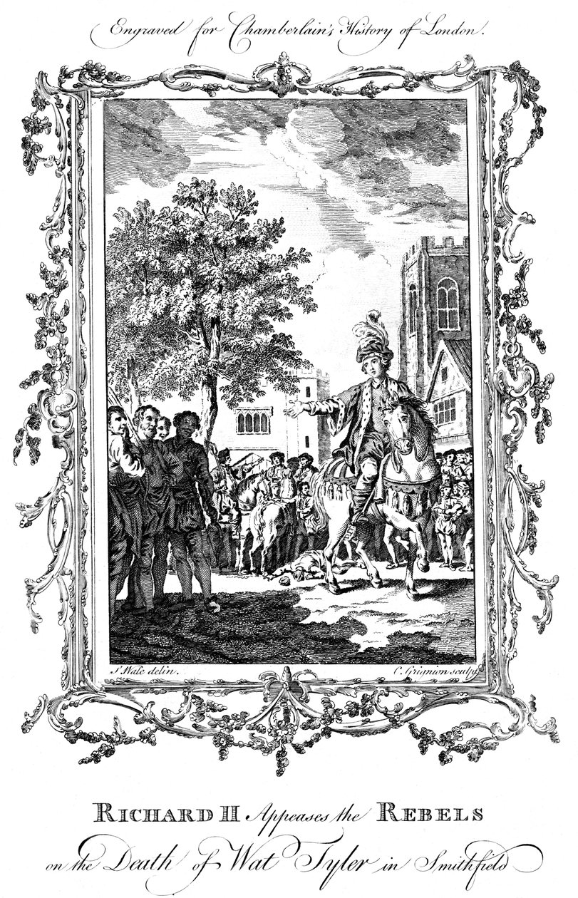 Kong Richard II formilder oprørerne ved Wat Tylers død, Smithfield, 1800-tallet. af Charles Grignion