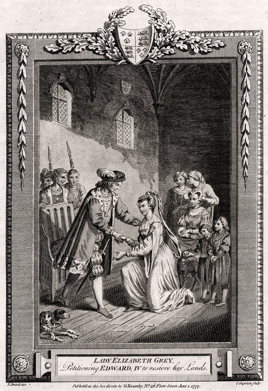 Lady Elizabeth Grey, der anmodede Edward IV om at genoprette sine lande, 15. århundrede, 1777 af Charles Grignion
