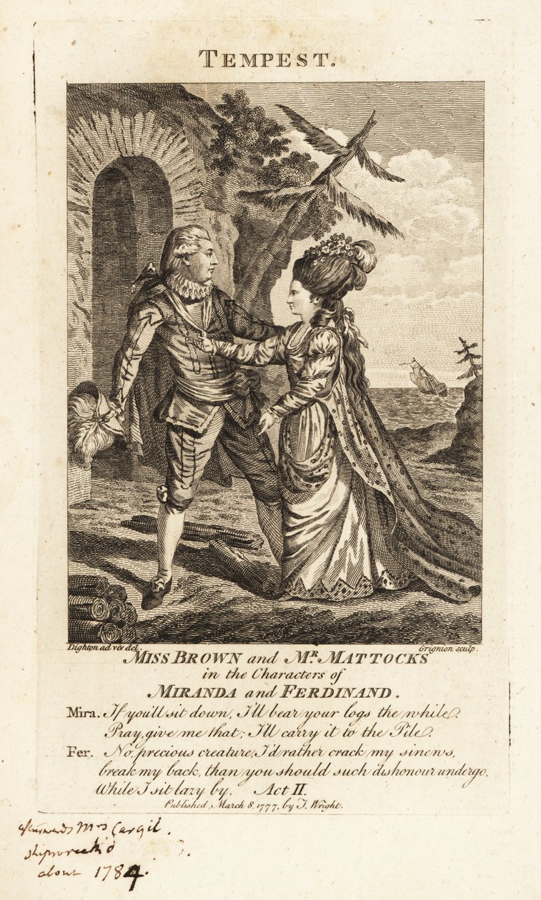 Miss Ann Brown og Mr. George Mattocks i figurerne Miranda og Ferdinand i en operaversion af William Shakespeares The Tempest, Covent Garden Theatre af Charles Grignion