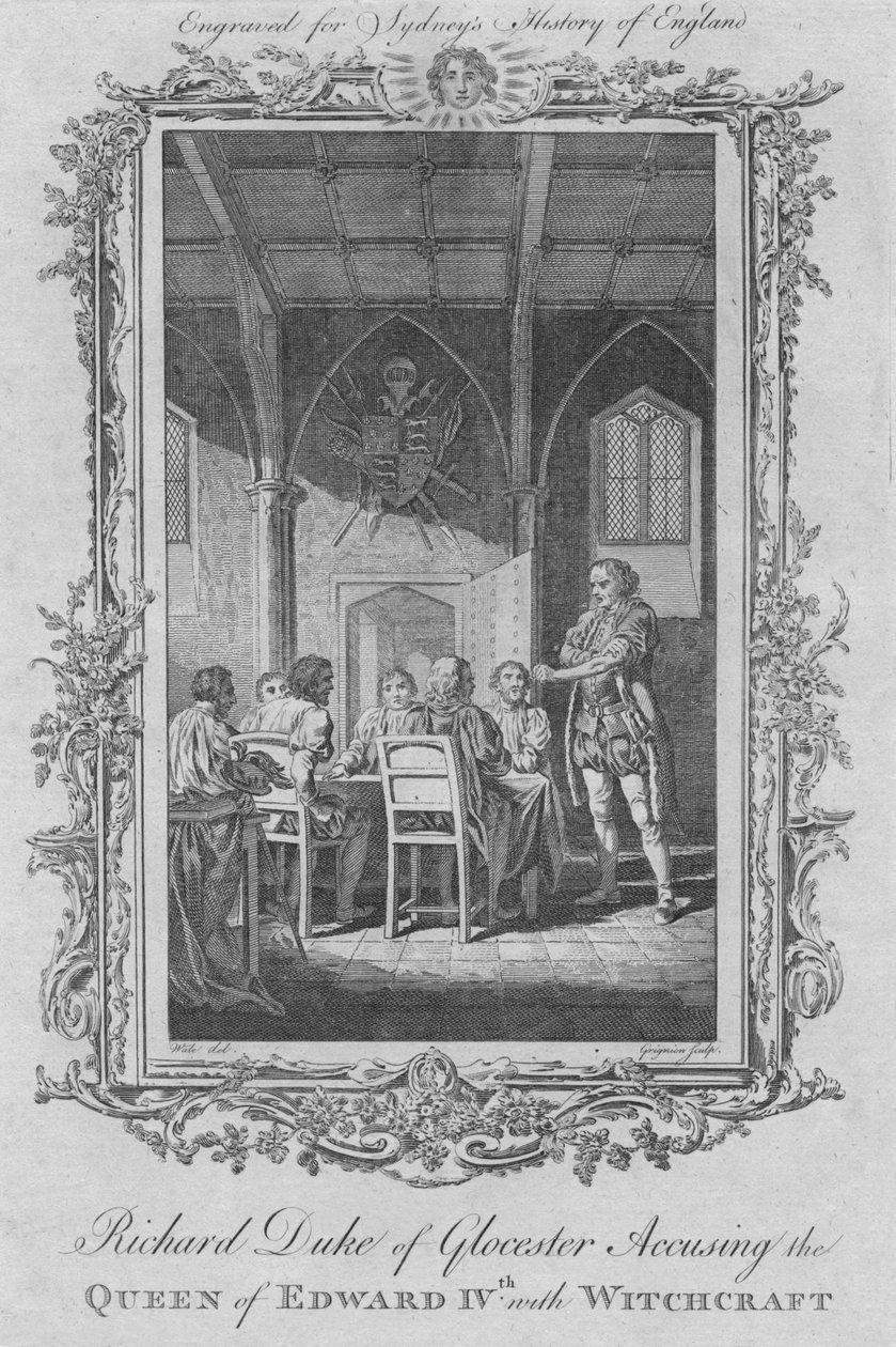 Richard Duke of Gloucester anklager dronningen af Edward IV med hekseri, 1773. af Charles Grignion