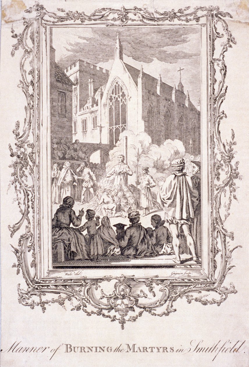 Scene af protestanter, der bliver brændt i Smithfield, 1500-tallet, c1760. af Charles Grignion