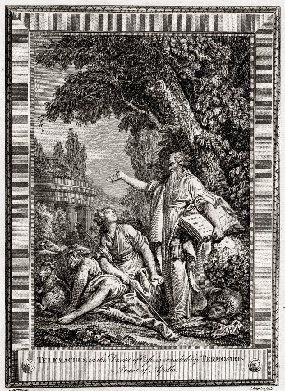 Telemachus, i Oasis-ørkenen, trøstes af Termosiris, en præst fra Apollo, 1774. af Charles Grignion
