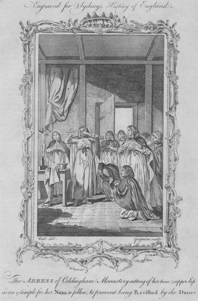 Abbedissen af Coldingham-klosteret lemlæstede sig selv for at undgå voldtægt fra vikingeangribere, 1773. af Charles Grignion
