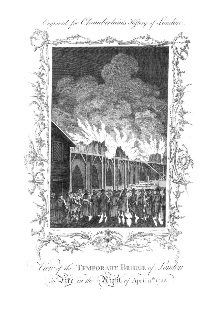 Udsigt over den midlertidige bro i London i brand...1758., c1770 af Charles Grignion