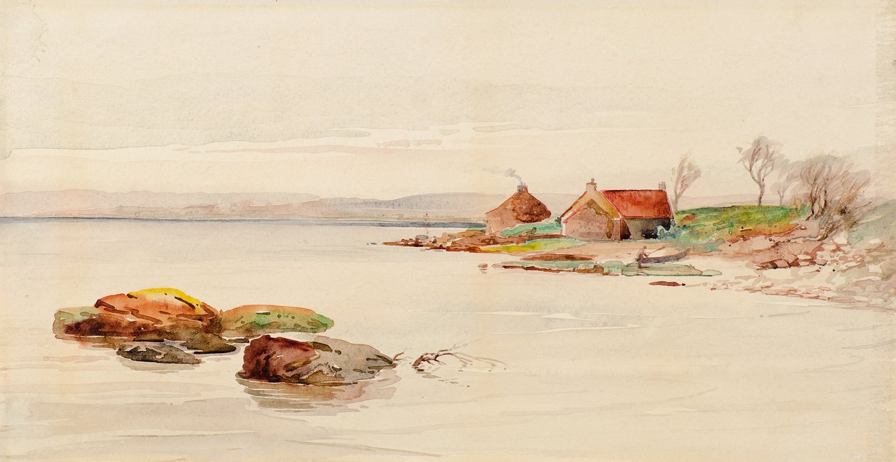 Kystscene med hytter (akvarel) af Charles Gustav Louis Phillips