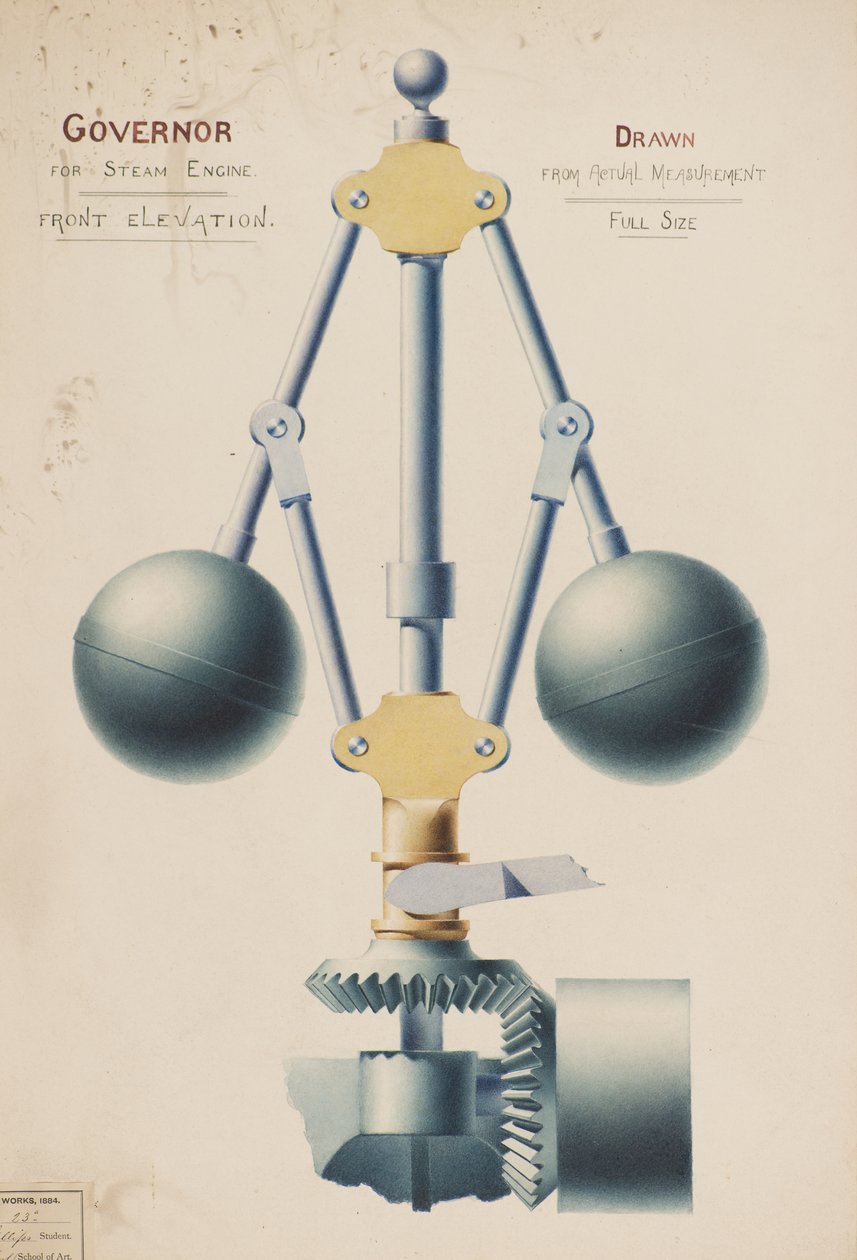 Guvernør for Steam Engine - Front Elevation, ca. 1882 (akvarel) af Charles Gustav Louis Phillips