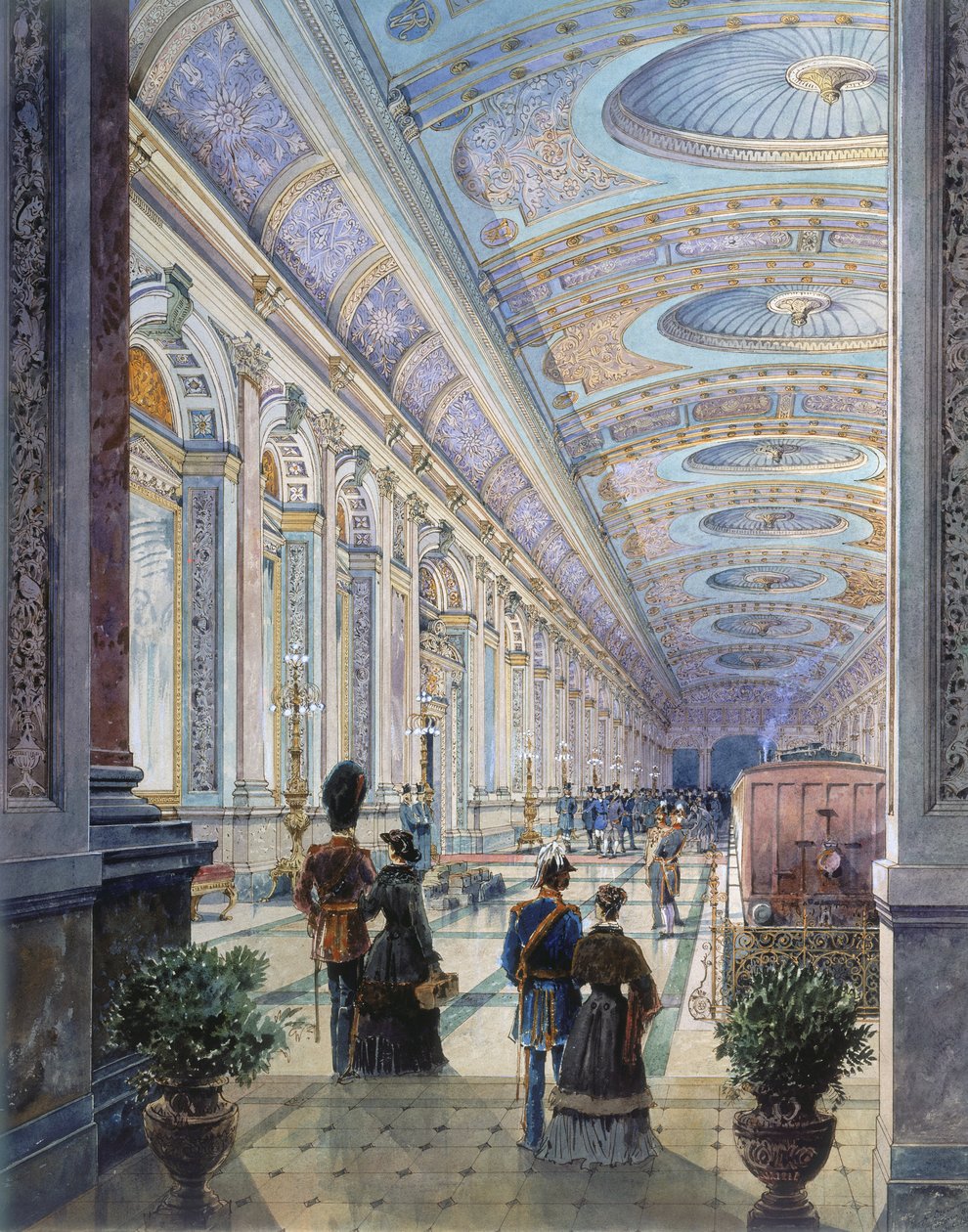 Udførligt stationsinteriør, 1883 (wc på papir) af Charles H. Driver