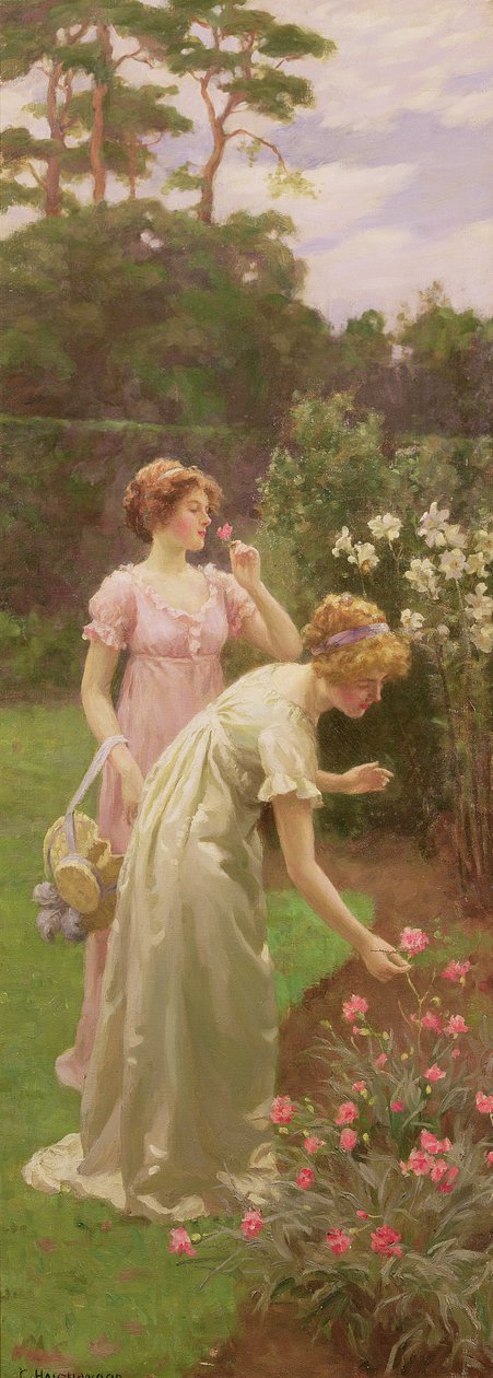 To damer plukker blomster af Charles Haigh Wood