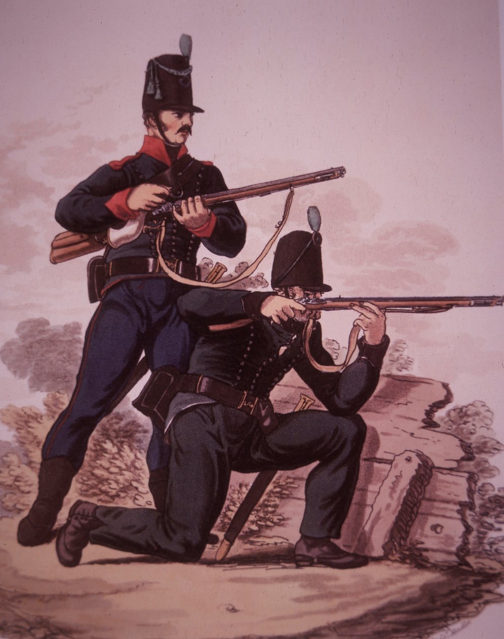 Den britiske hærs geværmænd fra det tidlige 19. århundrede: Soldier of the 60th Royal American Foot stående og soldat fra 95th Rifle Regiment knælende (farve litho) af Charles Hamilton (after) Smith