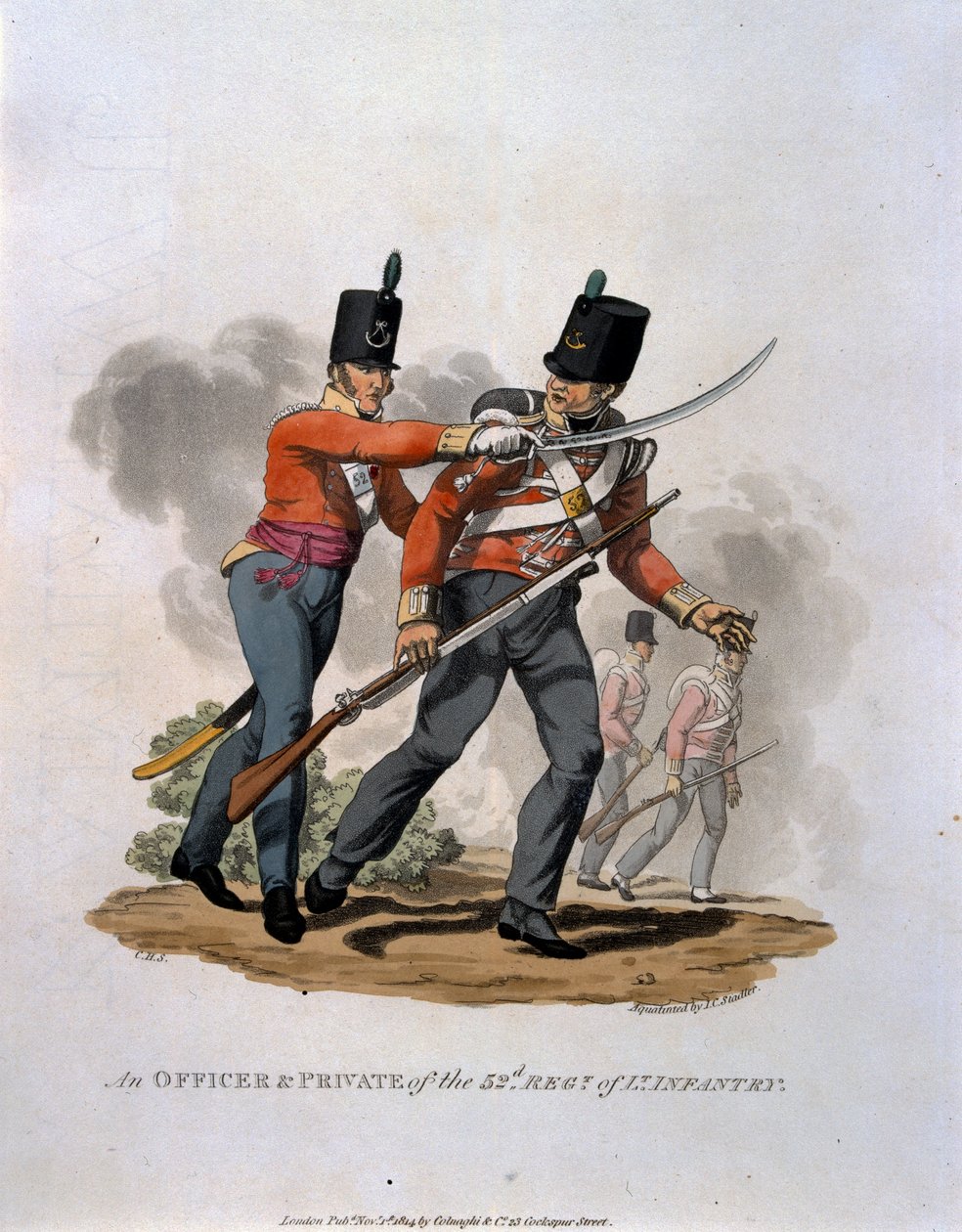 En officer og en menig fra 53. regiment af let infanteri, fra "Costumes of the Army of the British Empire, according to the last regulations 1812", graveret af J.C. Stadler, udgivet af Colnagh af Charles Hamilton Smith