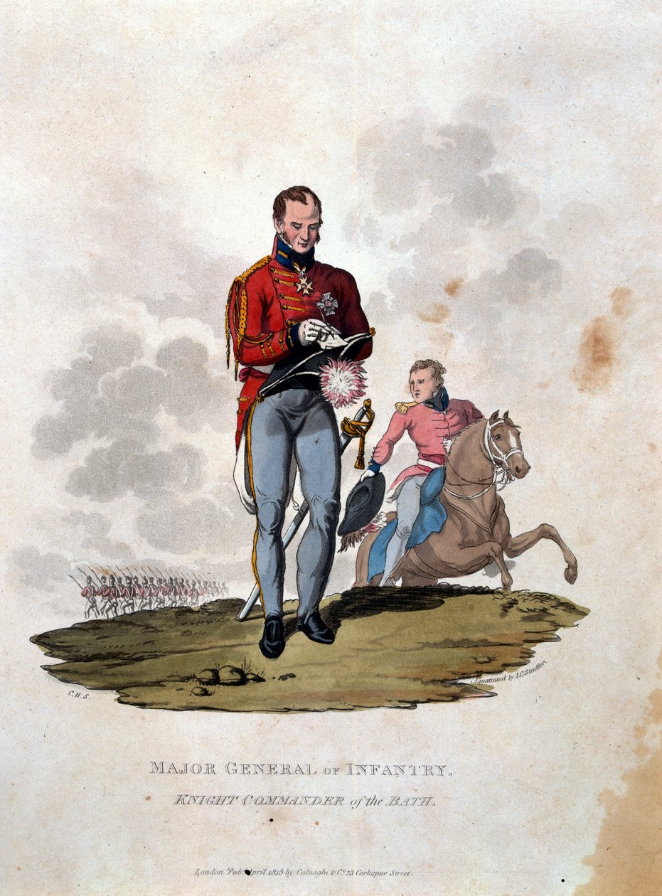 Generalmajor af infanteriet Ridderkommanderende af Bath, fra "Costumes of the Army of the British Empire, according to the last regulations 1812", graveret af J.C. Stadler, udgivet af Colnaghi und Co. af Charles Hamilton Smith