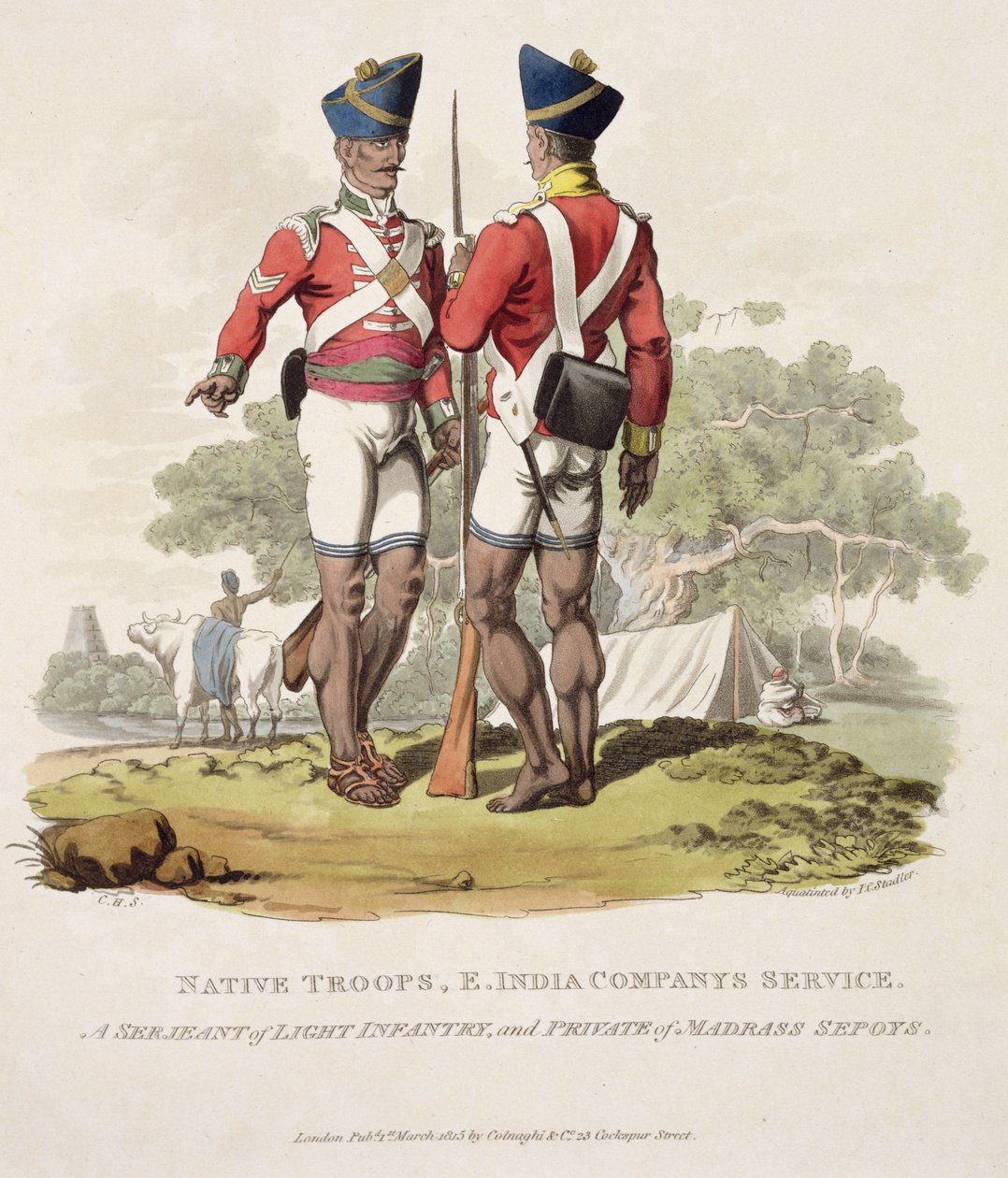Indfødte tropper i det østindiske kompagnis tjeneste: en sergent for let infanteri og en menig fra Madras Sepoys, indgraveret af Joseph Constantine Stadler, 1815 (akvatint) af Charles Hamilton Smith