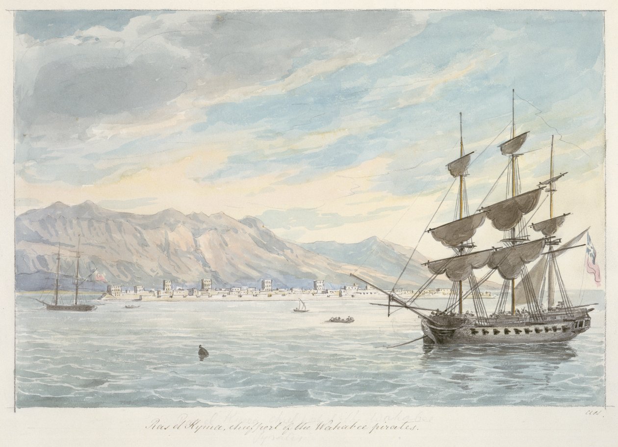 Ras el Kijma, Wakabee-piraternes vigtigste havn, ca. 19. århundrede (grafit og akvarel) af Charles Hamilton Smith