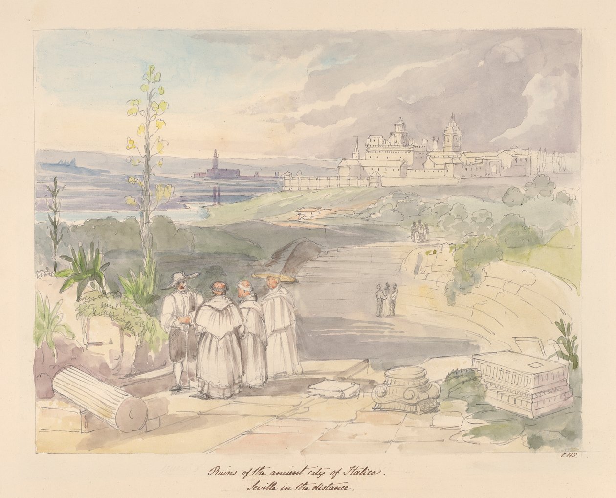 Ruinerne af den antikke by Italica, Sevilla i det fjerne af Charles Hamilton Smith
