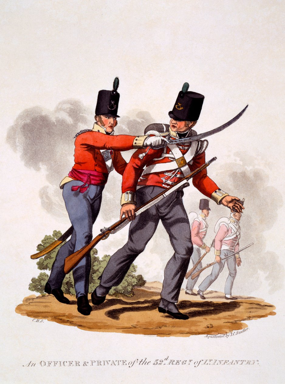 Uniform af Officer und Menig af 52. Regt. Af let infanteri, graveret af Joseph Constantine Stadler (fl.1780-1812), 1812-15 (håndfarvet akvatint) af Charles Hamilton Smith