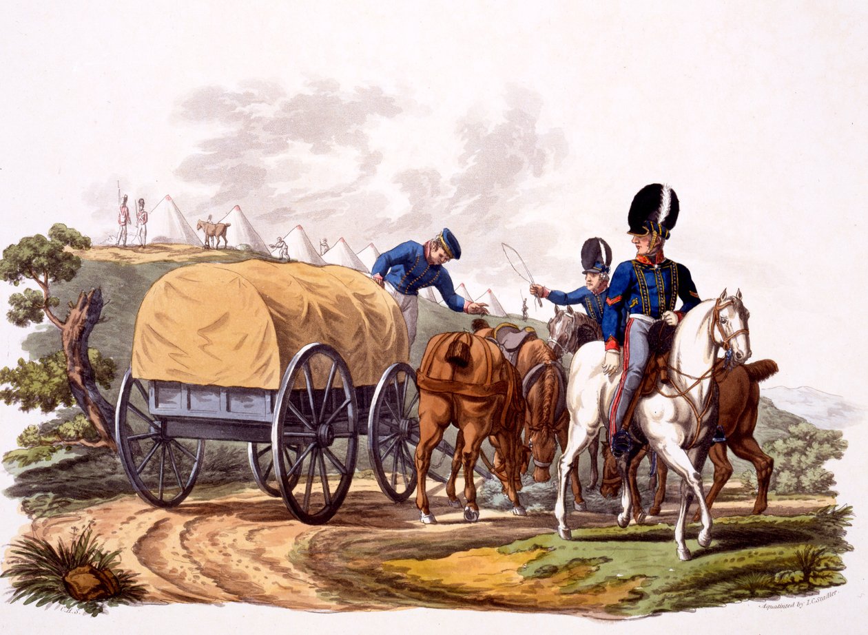 Uniform af Royal Artillery Drivers (med vogn og lejr), fra "Costume of the British Empire, according to the Last Regulations", udgivet 1812-15 (håndkoloreret akvatint) af Charles Hamilton Smith