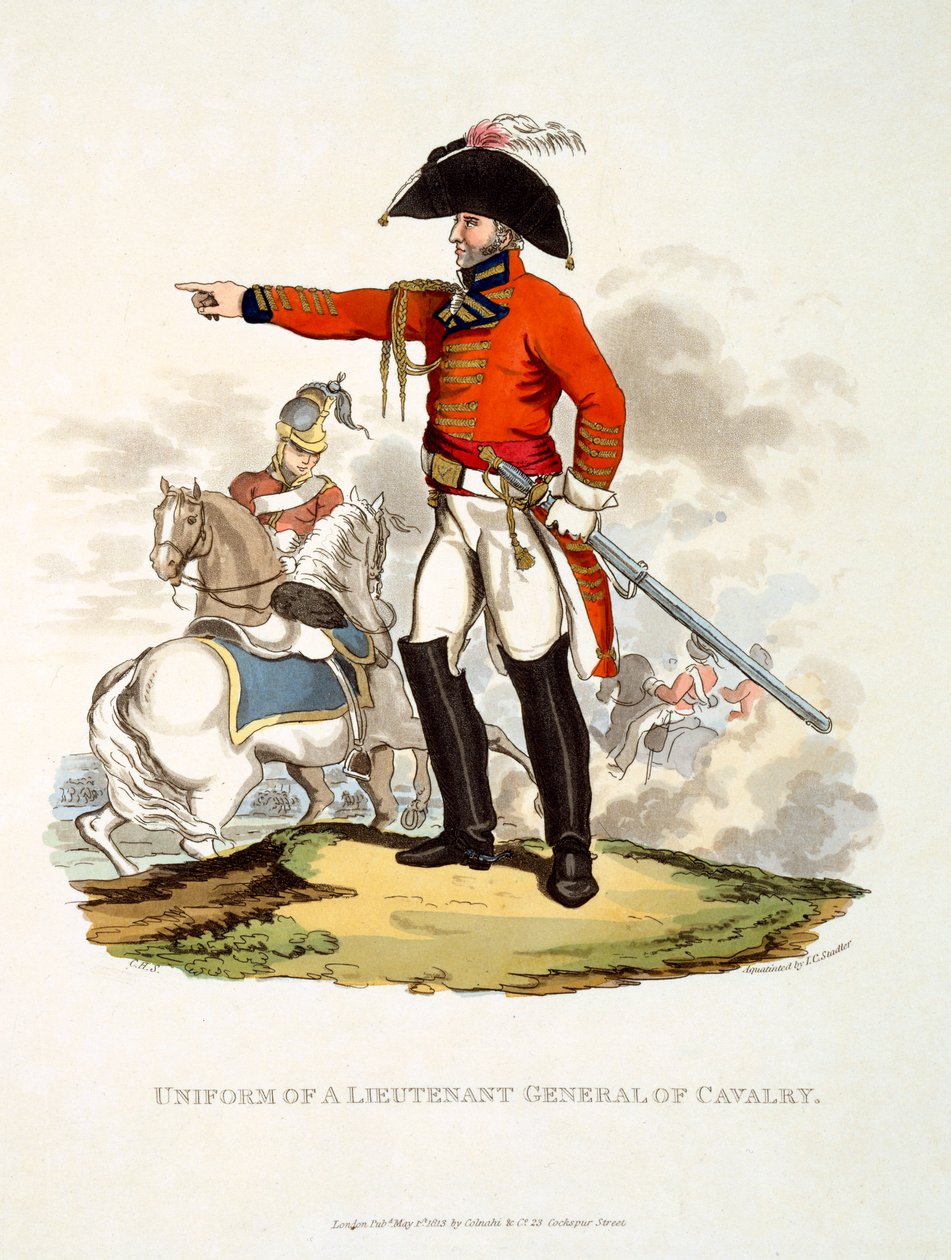 Uniform for en generalløjtnant af kavaleriet, fra "Costume of the British Empire, according to the Last Regulations", udgivet 1813 (håndkoloreret akvatint) af Charles Hamilton Smith