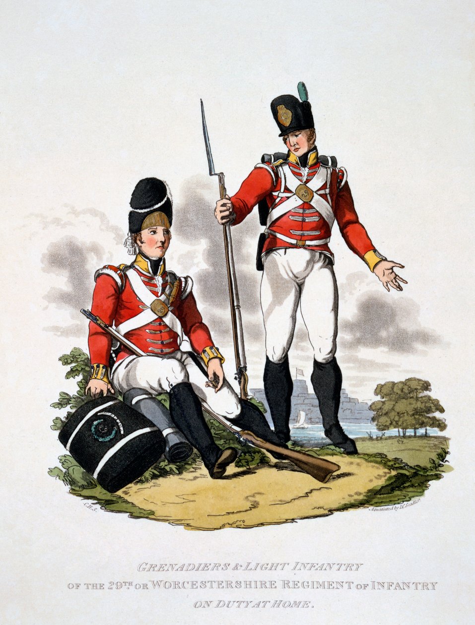 Uniform af grenadererne og det lette infanteri fra det 20. eller Worcestershire Regiment, fra 