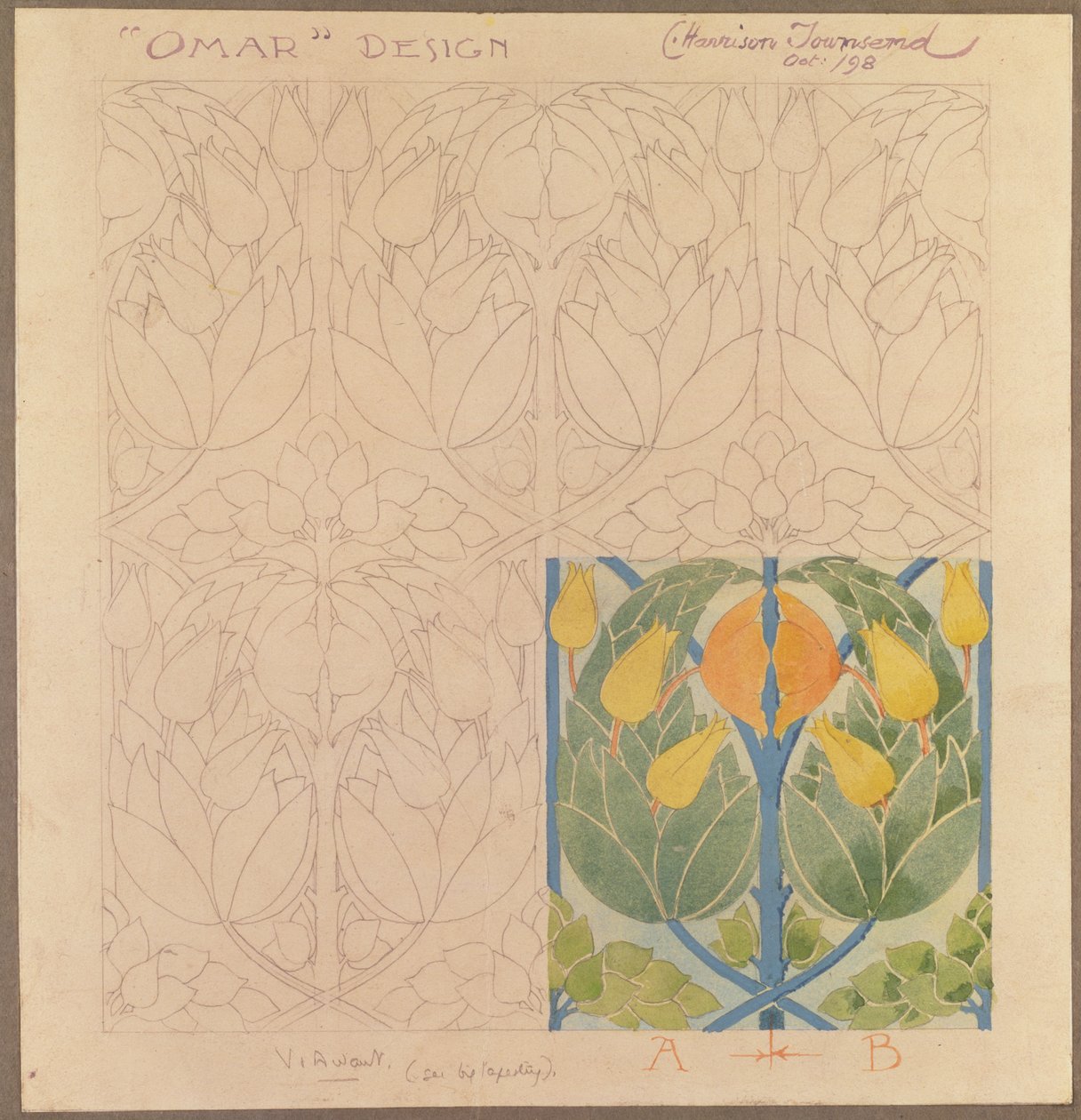 Omar, design til en silke & uld dobbeltklud, 1898 (silke og uld) af Charles Harrison Townsend